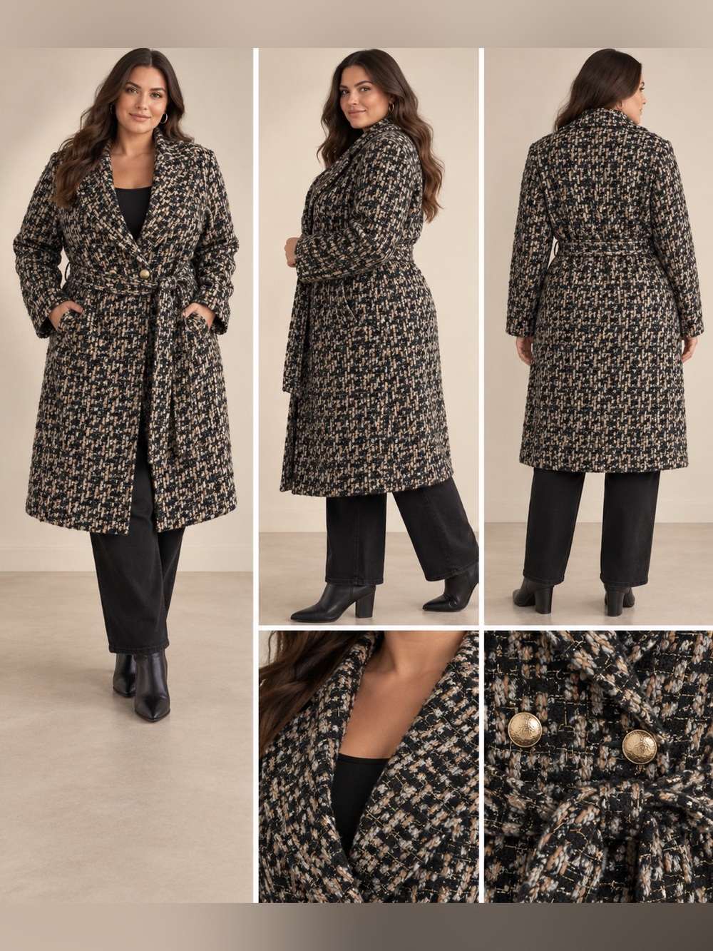 NWT Kathy Ireland Black Gold Metallic Tweed Belted Coat 1X